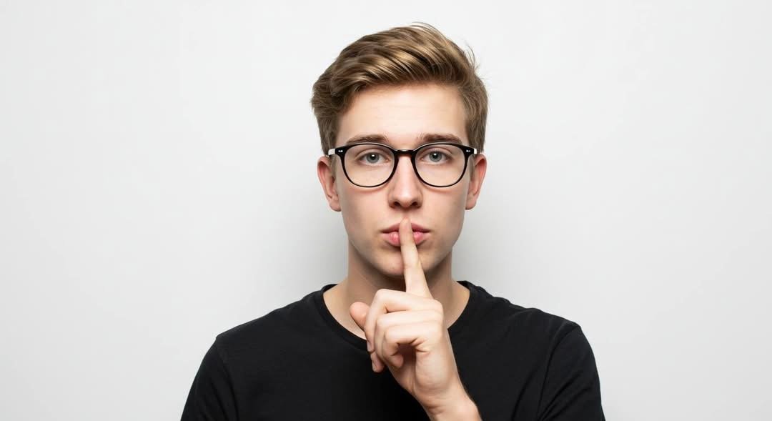 Homem jovem com óculos faz gesto de silêncio com o dedo nos lábios, transmitindo mensagem de introspecção ou escuta ativa.