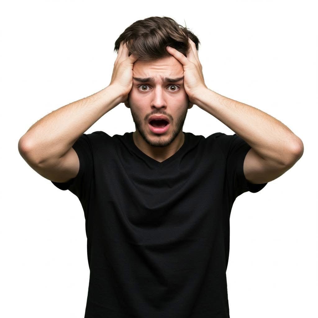 Homem jovem com expressão de desespero, mãos na cabeça, boca aberta, transmitindo surpresa ou angústia.