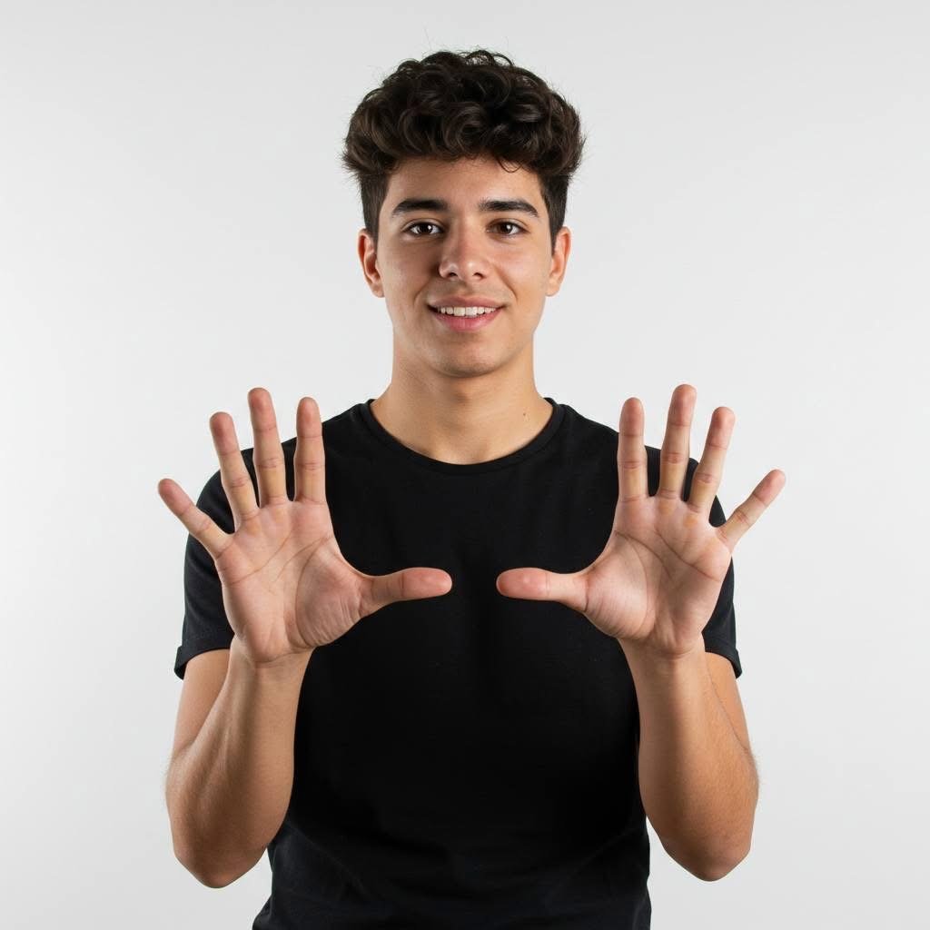 Jovem sorridente com as mãos levantadas, mostrando os dez dedos abertos, num gesto amigável e acolhedor.