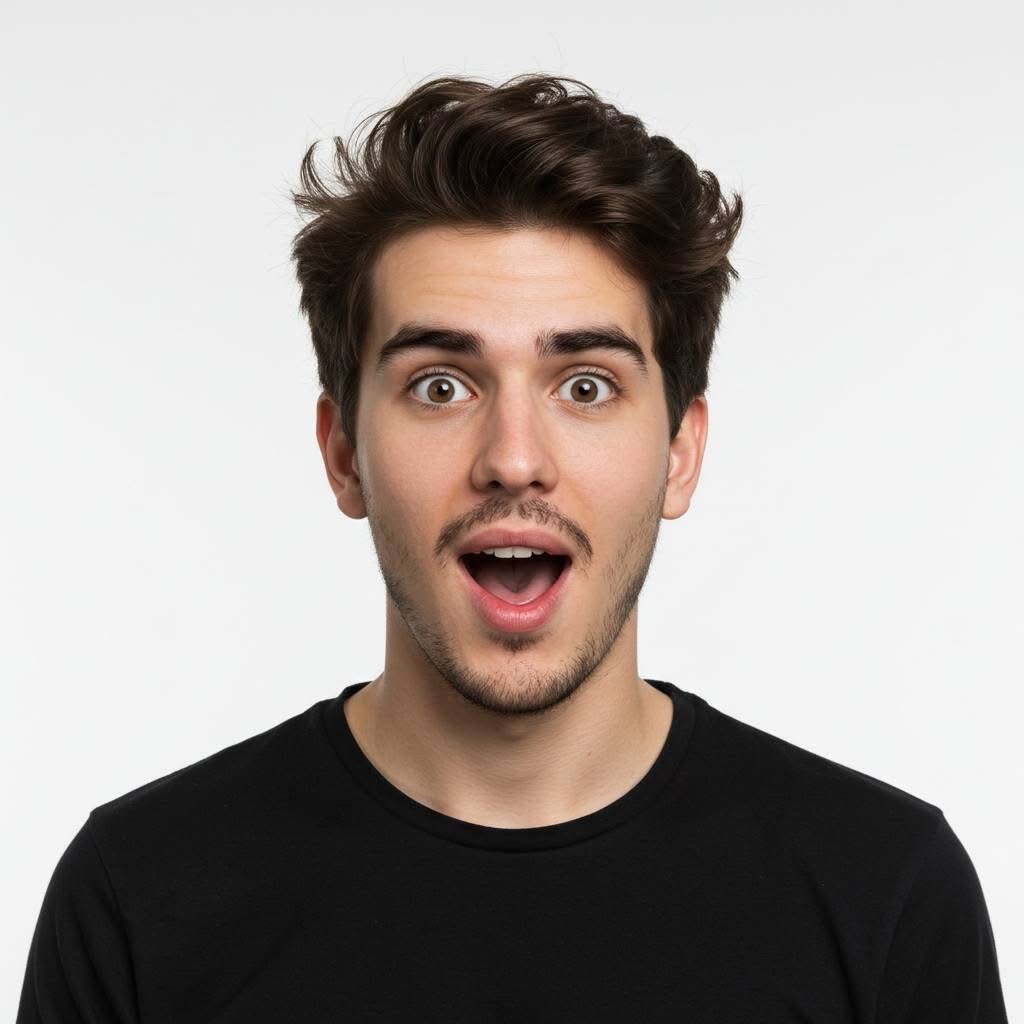 Jovem com expressão facial de surpresa, olhos bem abertos e boca entreaberta, vestindo uma t-shirt preta.