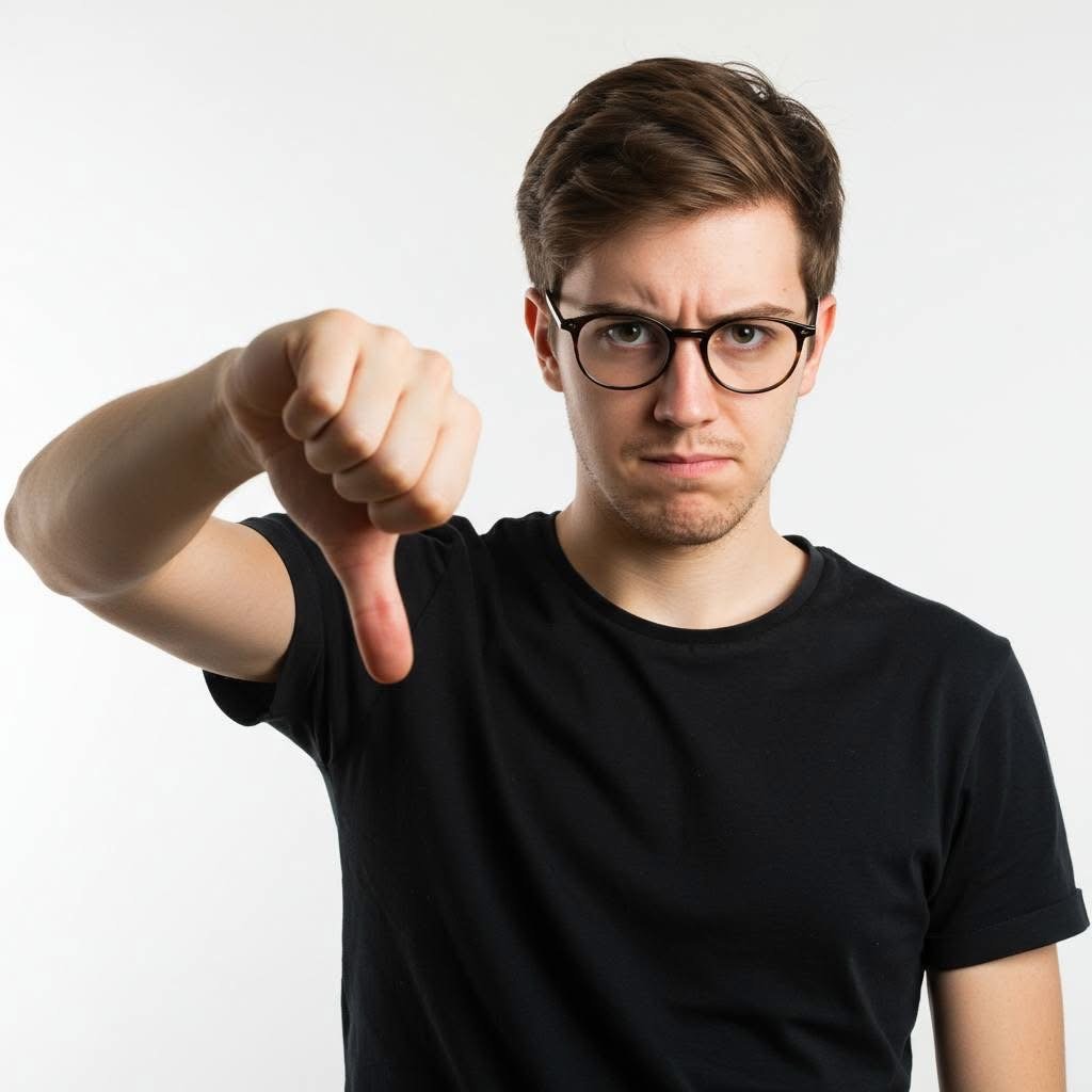 Rapaz jovem com óculos a mostrar desaprovação com o polegar virado para baixo e expressão séria.